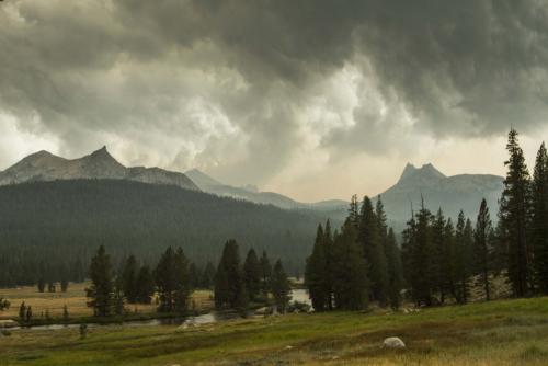 Storm approaching over Tuolumne Meadows, Yosemite National Park.